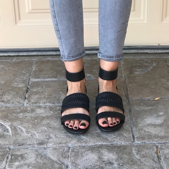 Woven Boho Black Open Toe Ankle Strap Sandals - Picture 1 of 6